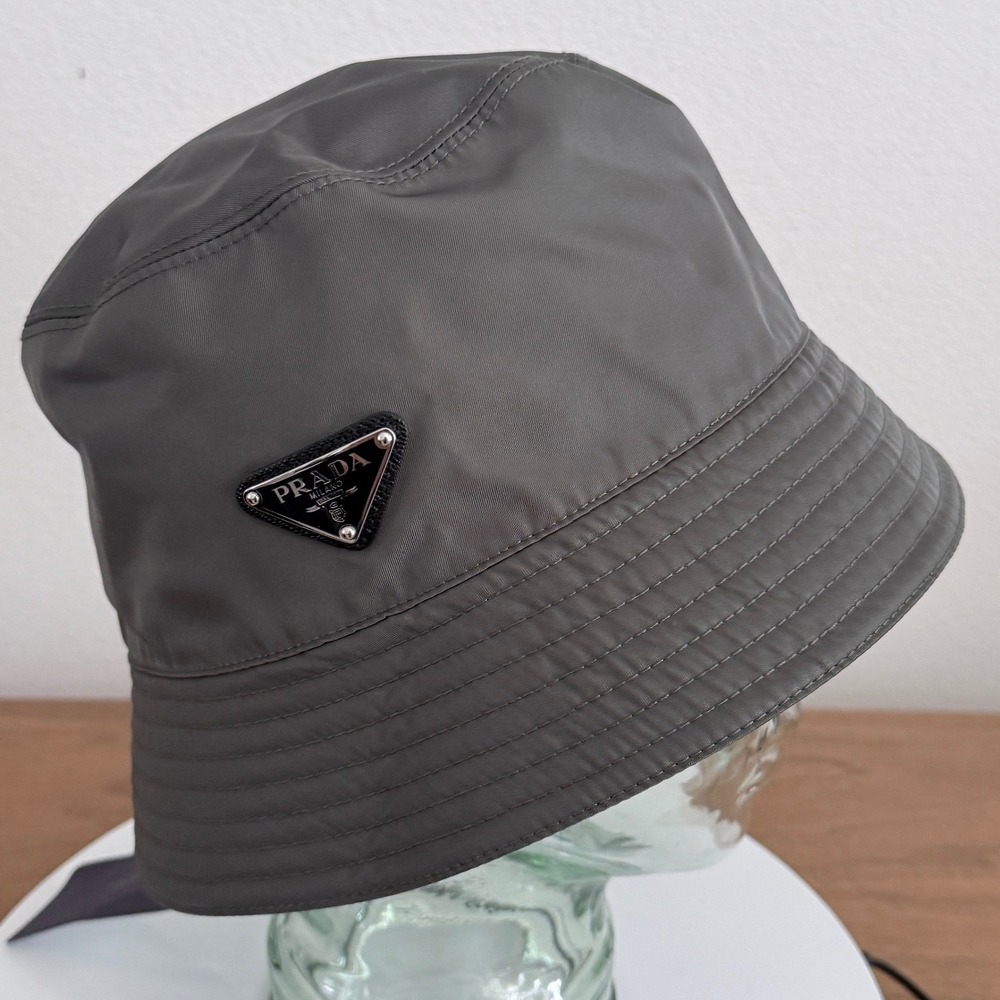 Prada Gray Nylon Bucket Hat Logo Triangle Made in Italy Size XL 60cm